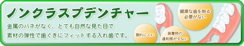 ノンクラスプデンチャー 金属のバネがなく、とても自然な見た目で素材の弾性で歯茎にフィットする入れ歯です。